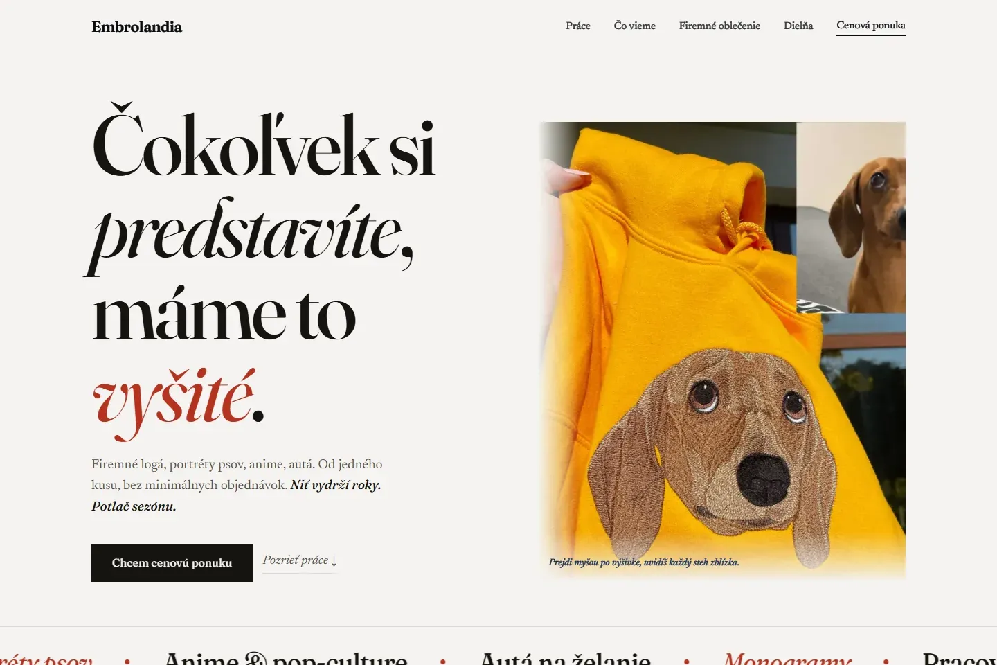 Domovská stránka webu Embrolandia — zákazková výšivka