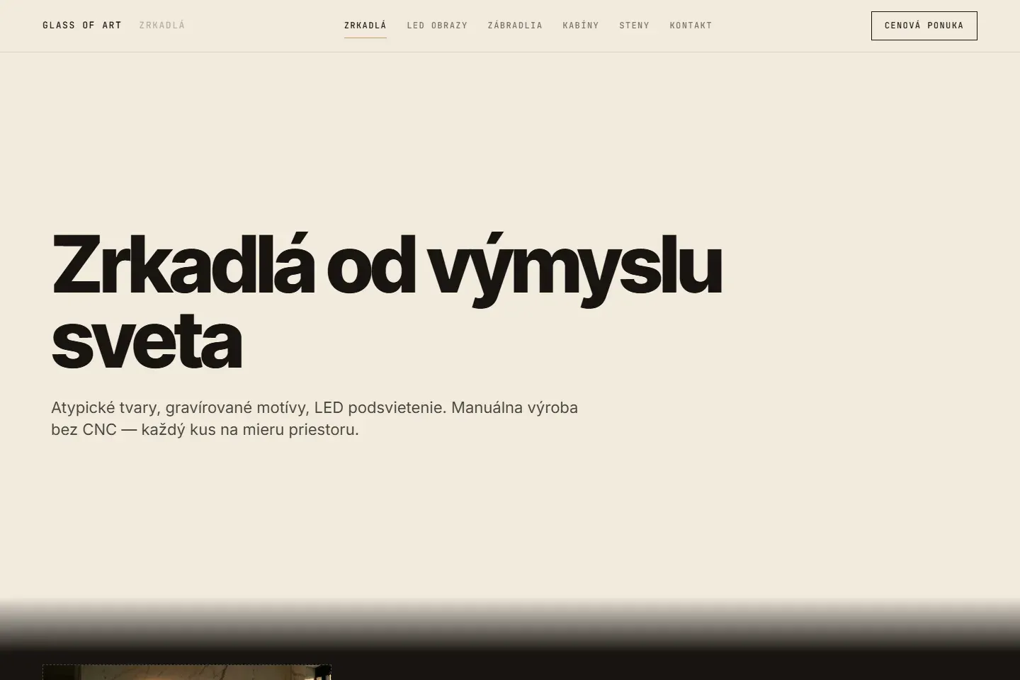 Produktová stránka webu Glass of Art — zrkadlá na mieru